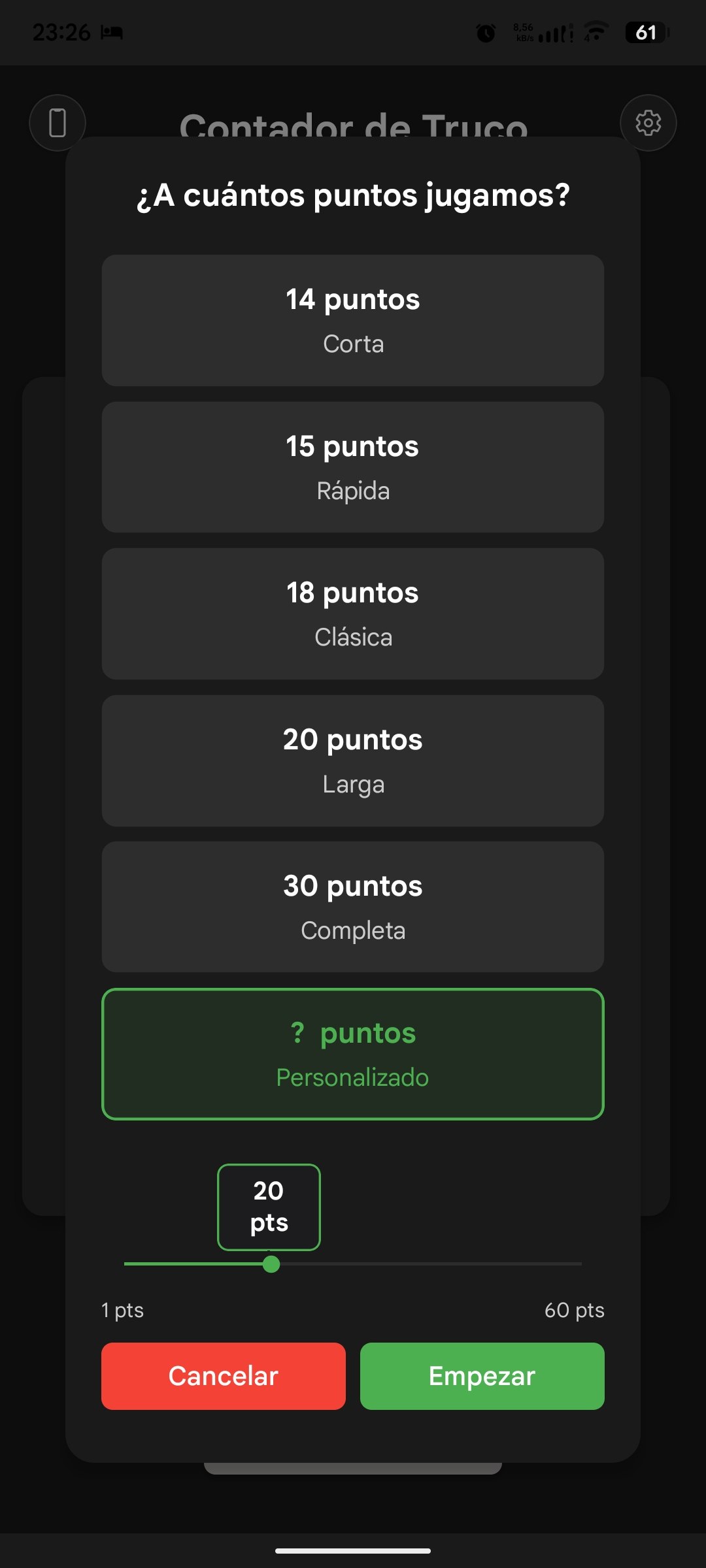 Selección de modalidad de puntos